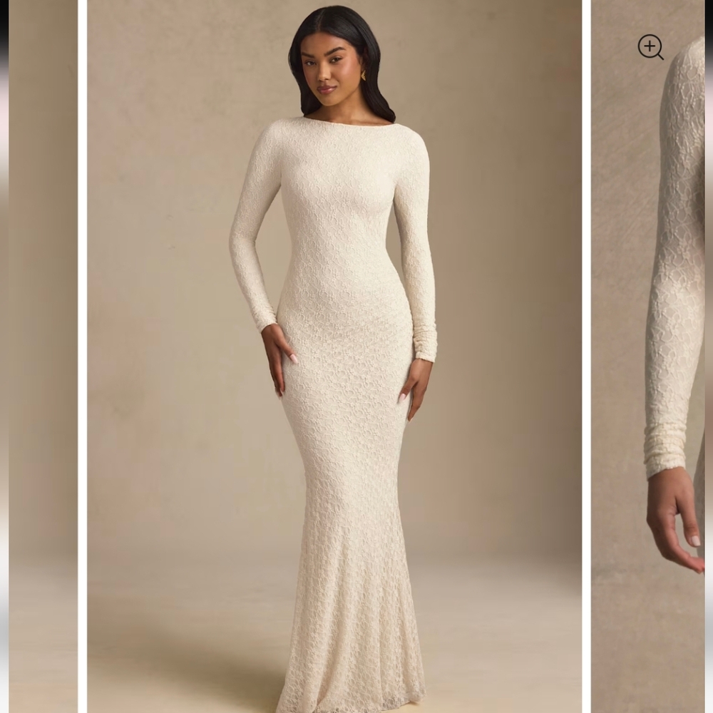 NWT Oh Polly Tarini Ruched Backless Lace Maxi Dress in Ivory, Size S - Picture 9 of 11